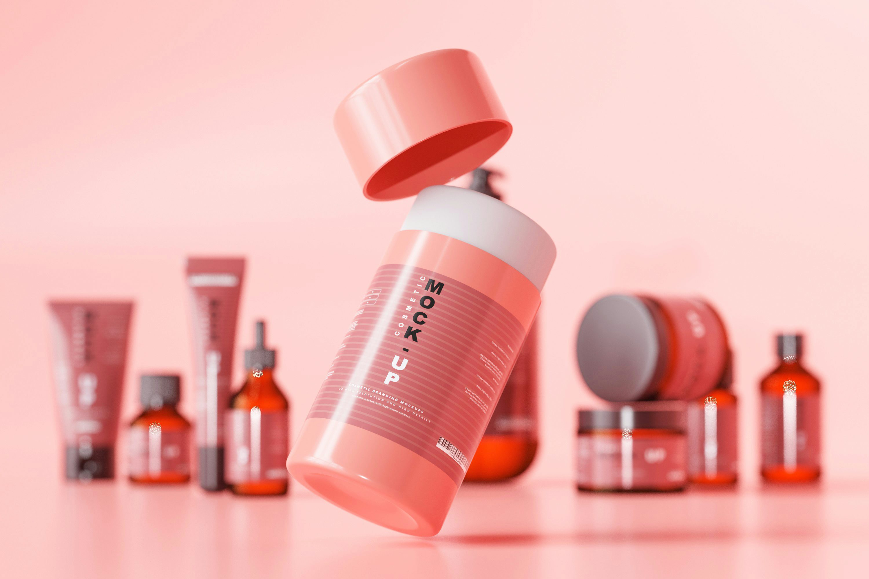 Illustrative cosmetic bottle mockup with beauty products