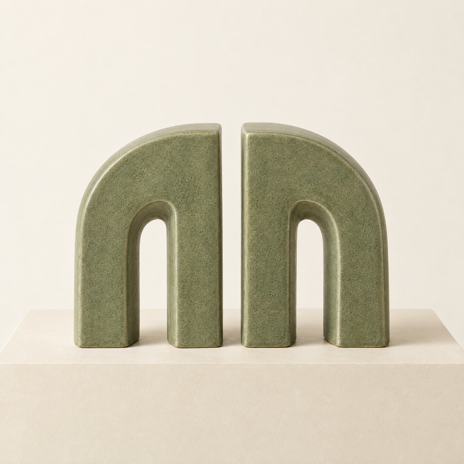 Generated concept image of two matching sage-green arch-shaped decorative tabletop accents