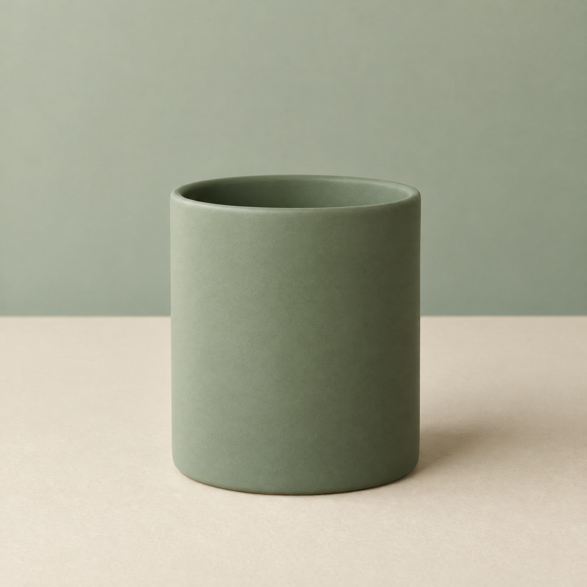 Generated concept image of an empty muted green cylindrical desk organizer cup on a cream surface